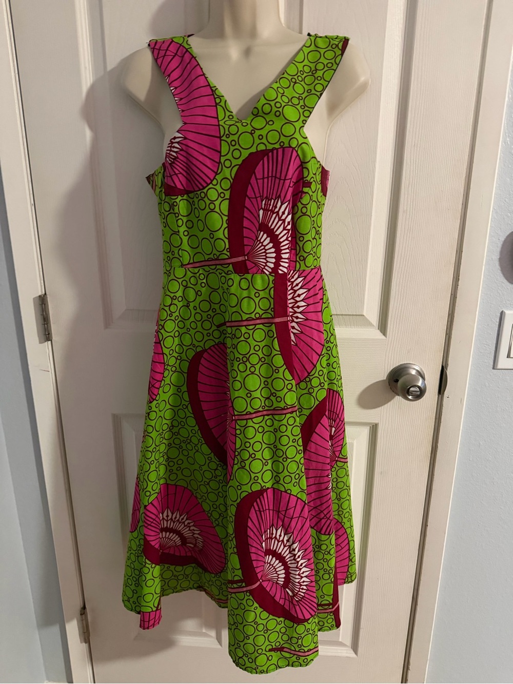 African Wax Print Midi Dress Green Pink Fan Pattern L Made in Togo